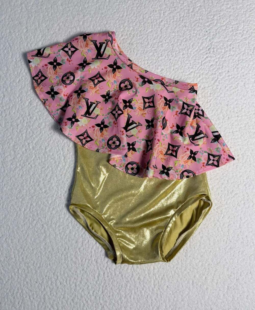 Custom Girls One-Shoulder Ruffle Leotard Pink Floral Gold Metallic